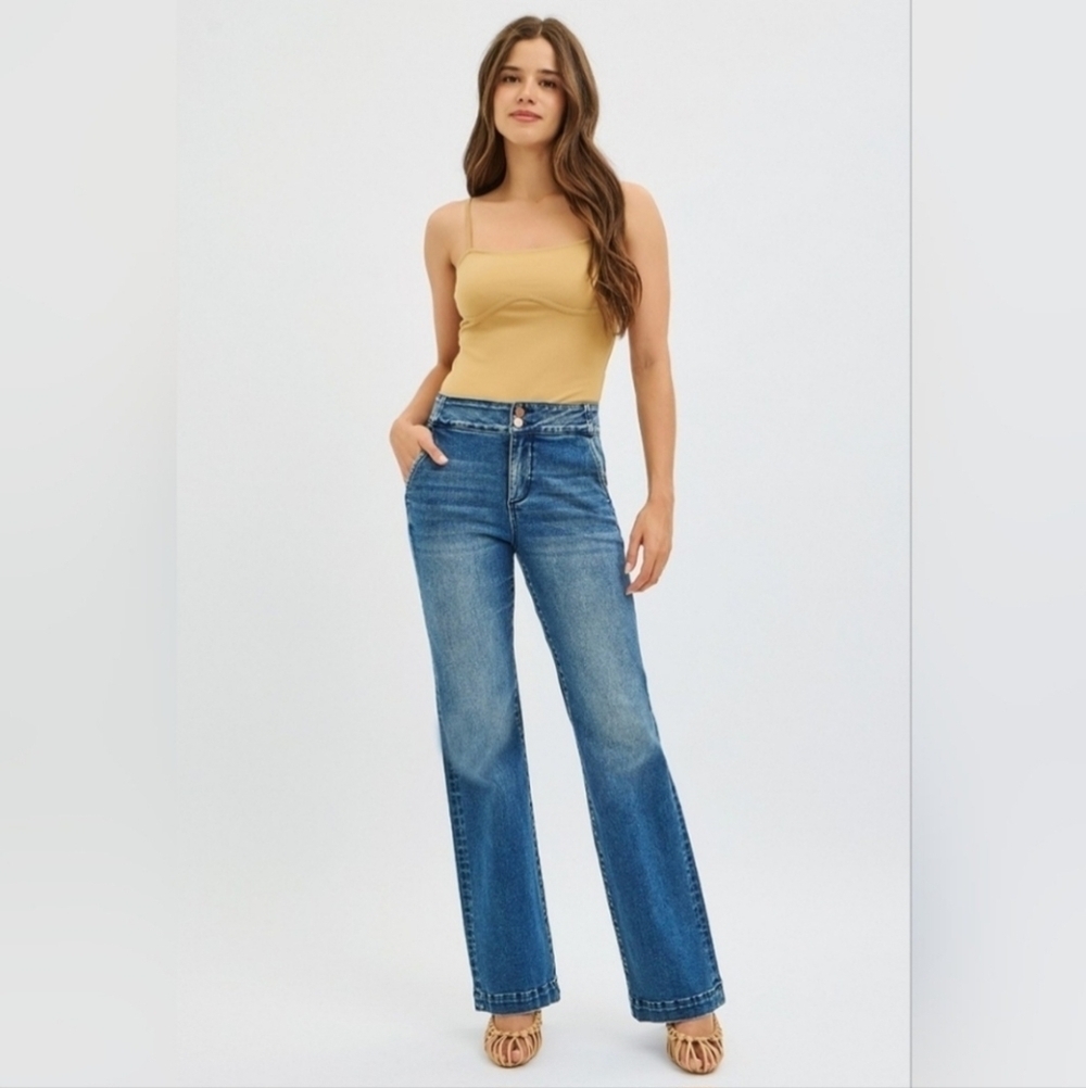 RISEN HR Dark Wash Wide Leg Jeans Double Button Trouser Style Denim 9/29 NEW
